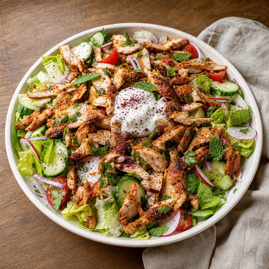Chicken shawarma salad with white garlic sauce and sumac
