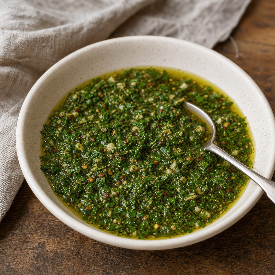 Small bowl of green parsley chimichurri in olive oil