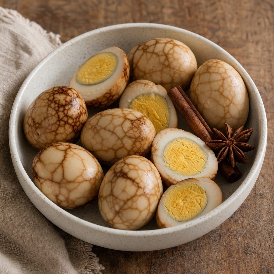 Marbled Chinese tea eggs, whole and halved, with star anise