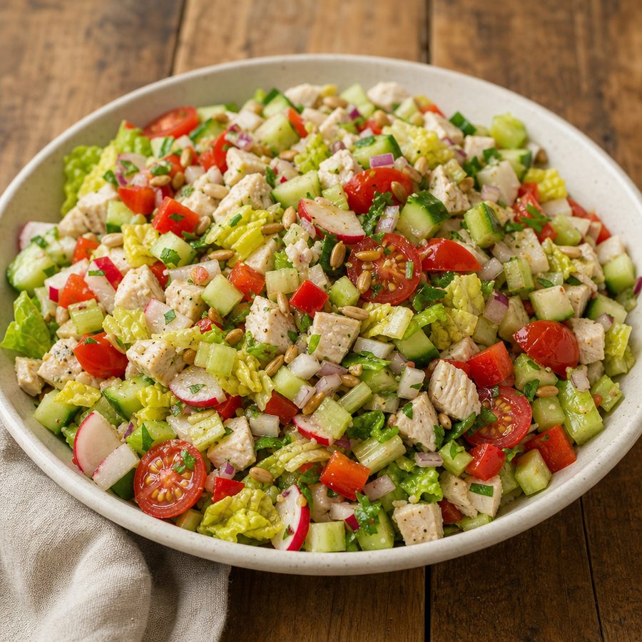 Chopped chicken and vegetable salad with sunflower seeds