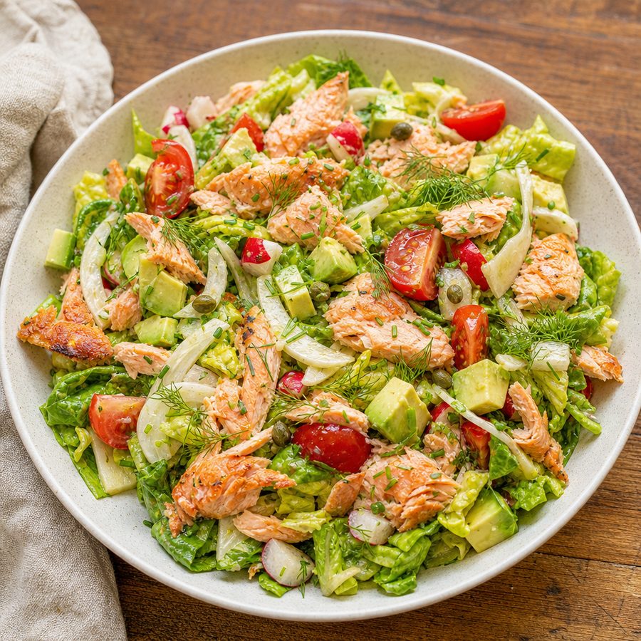 Chopped salad with flaked salmon, avocado, radish and cherry tomatoes
