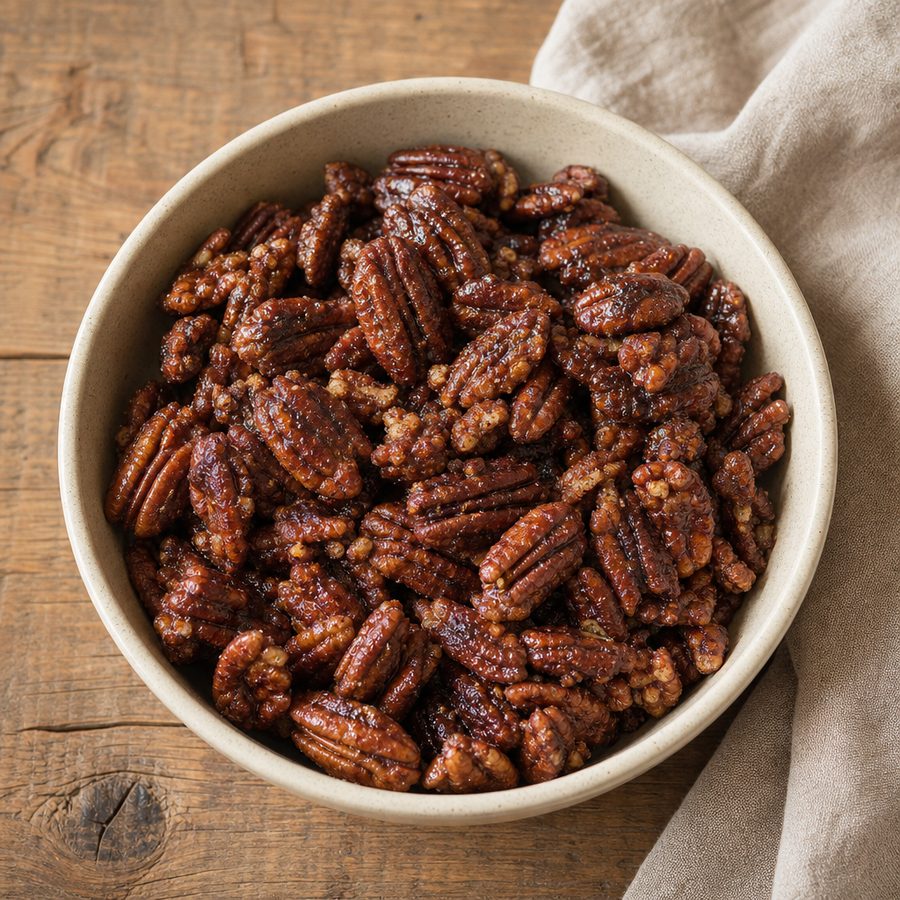 Small bowl of glazed cinnamon-roasted pecans