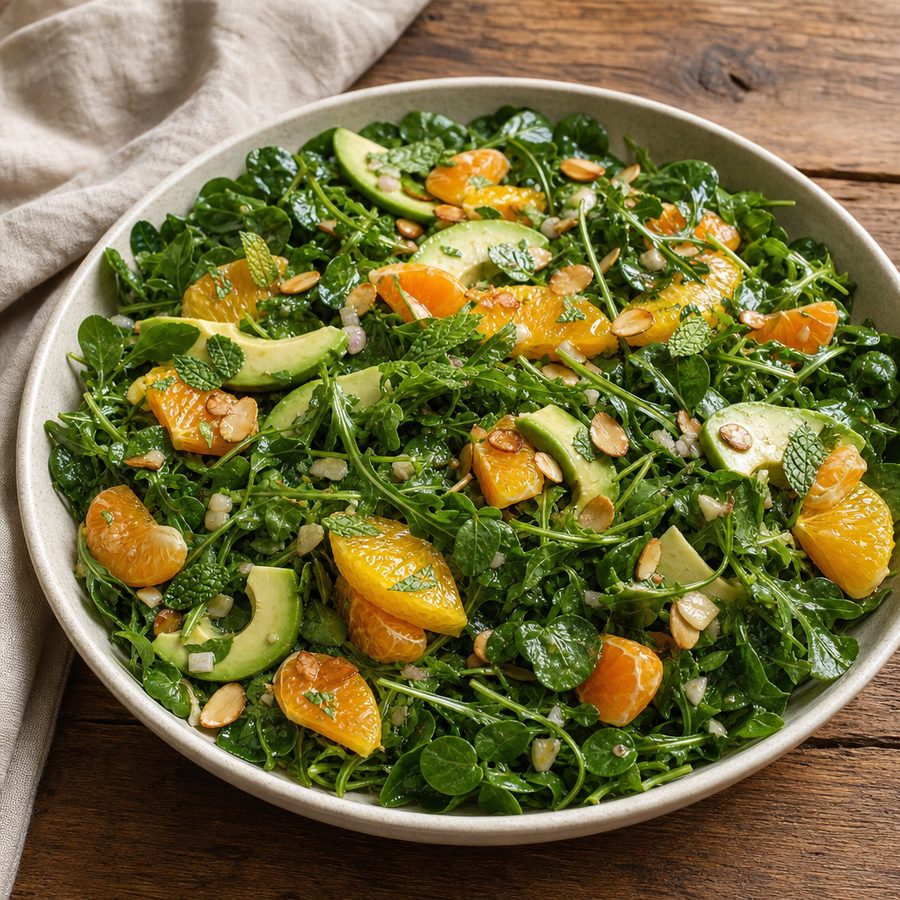 Winter greens with orange segments, avocado, almonds and mint