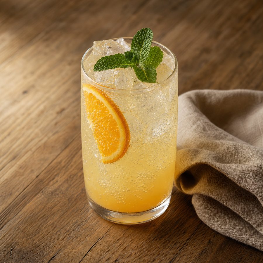 Citrus electrolyte cooler with ice, orange slice and mint