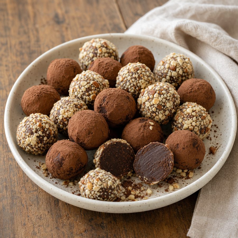 Cocoa almond truffles rolled in cocoa and chopped almonds