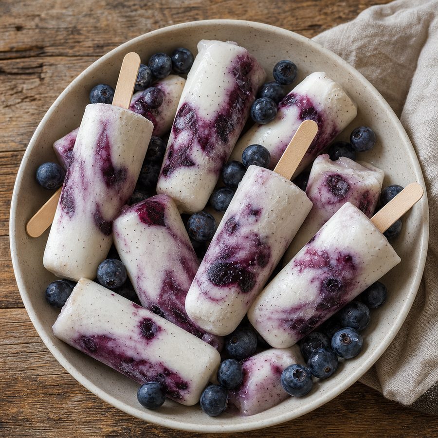 Coconut ice pops swirled with blueberries on wooden sticks