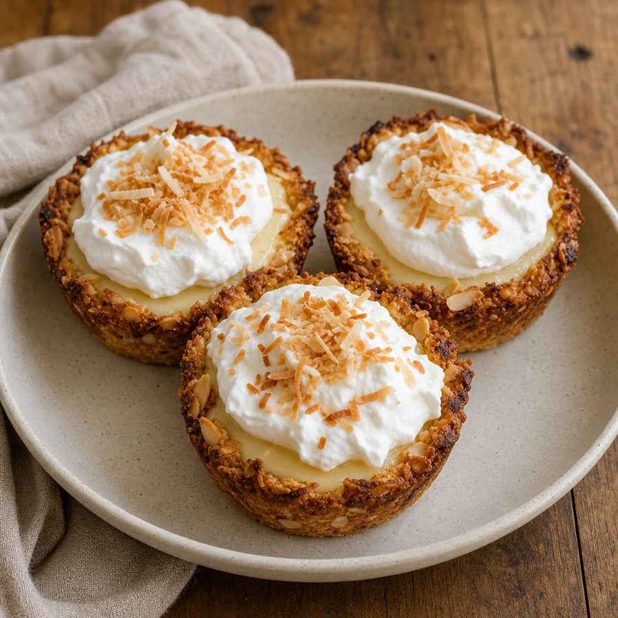 Coconut cream pie cups with whipped cream and toasted coconut