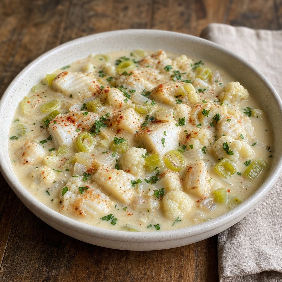 Creamy cod and cauliflower chowder with paprika and parsley