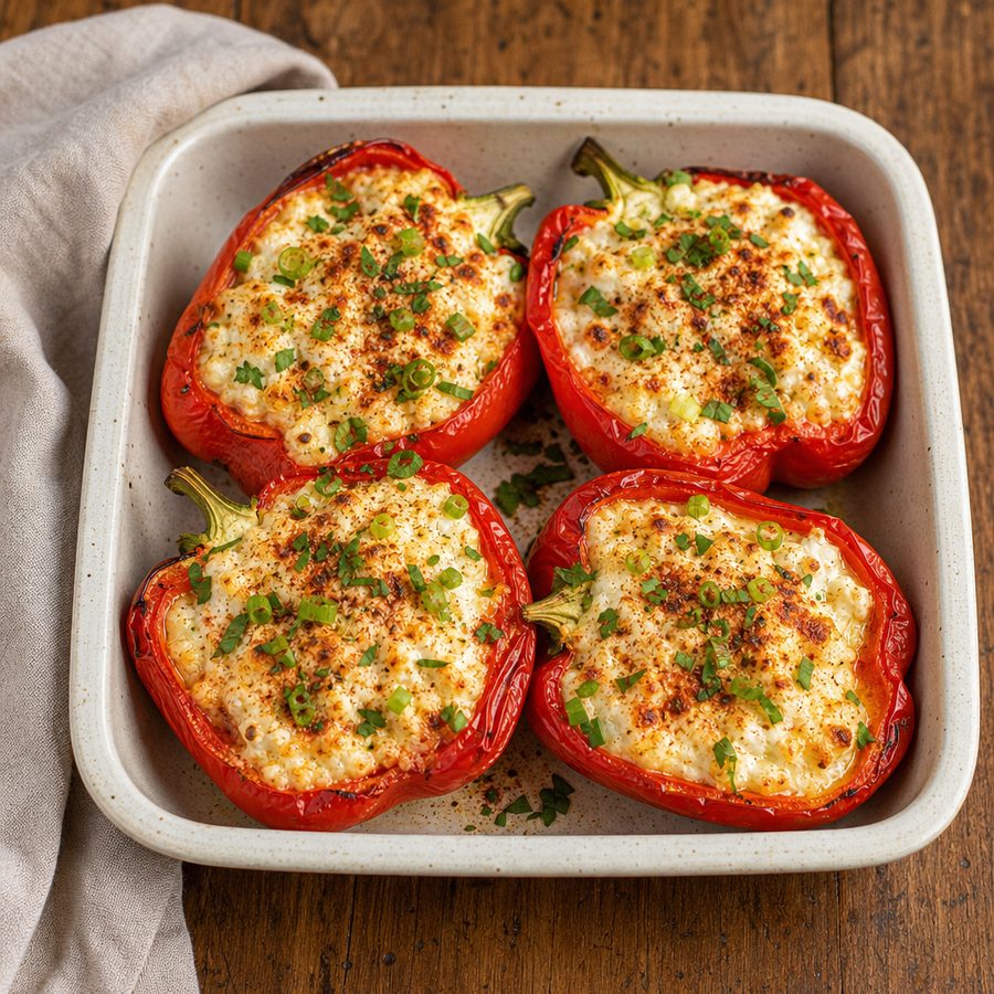Roasted red pepper halves stuffed with baked cottage cheese filling