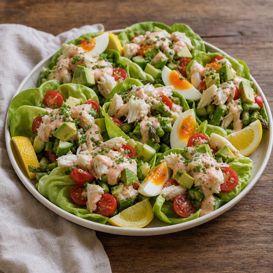 Crab Louie in butter lettuce cups with eggs, asparagus and avocado