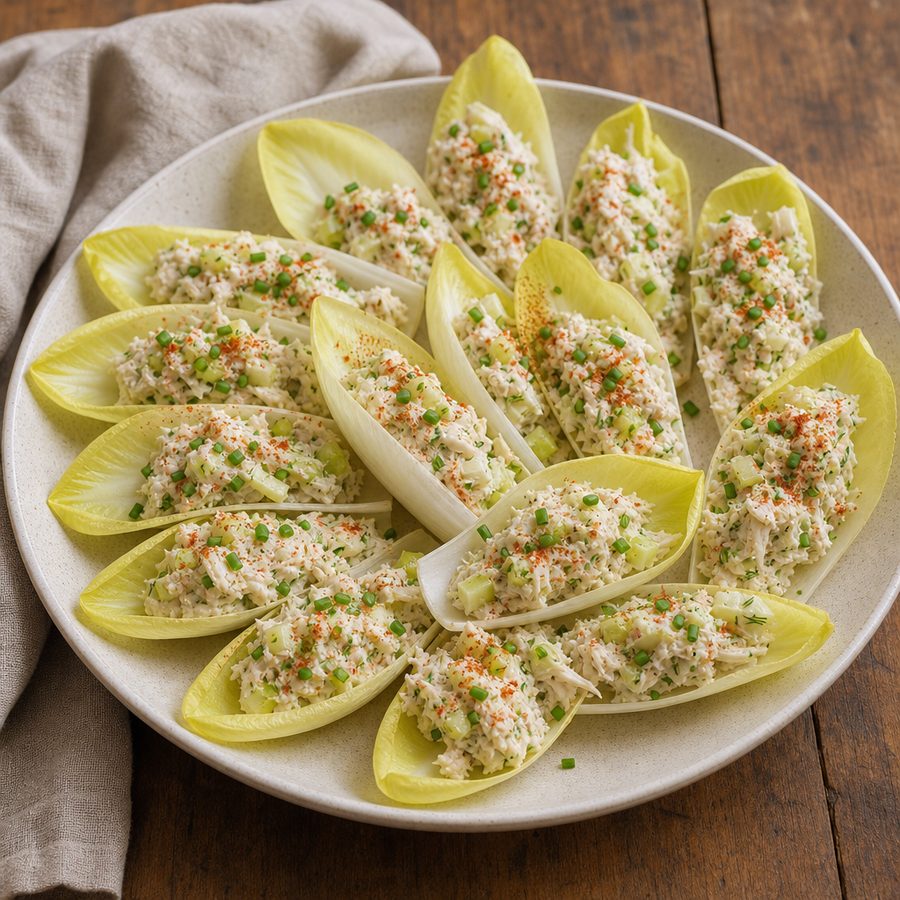 Crab salad spooned into Belgian endive leaves on a platter