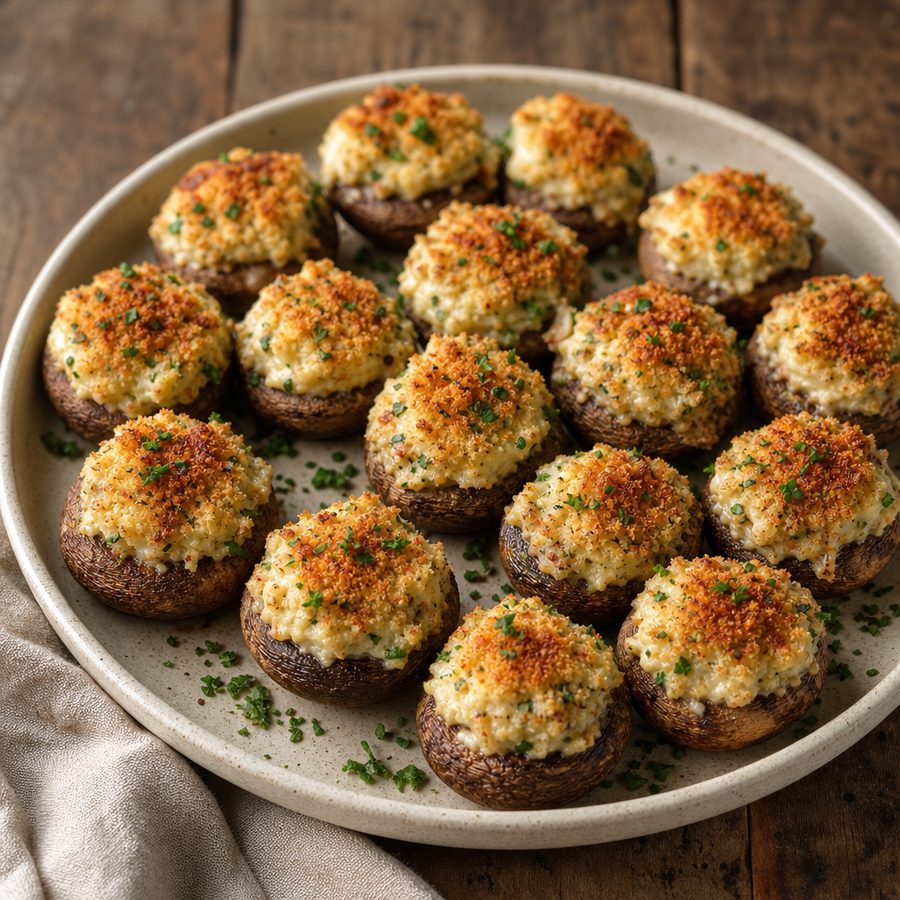 Crab-stuffed cremini mushrooms with golden topping and parsley