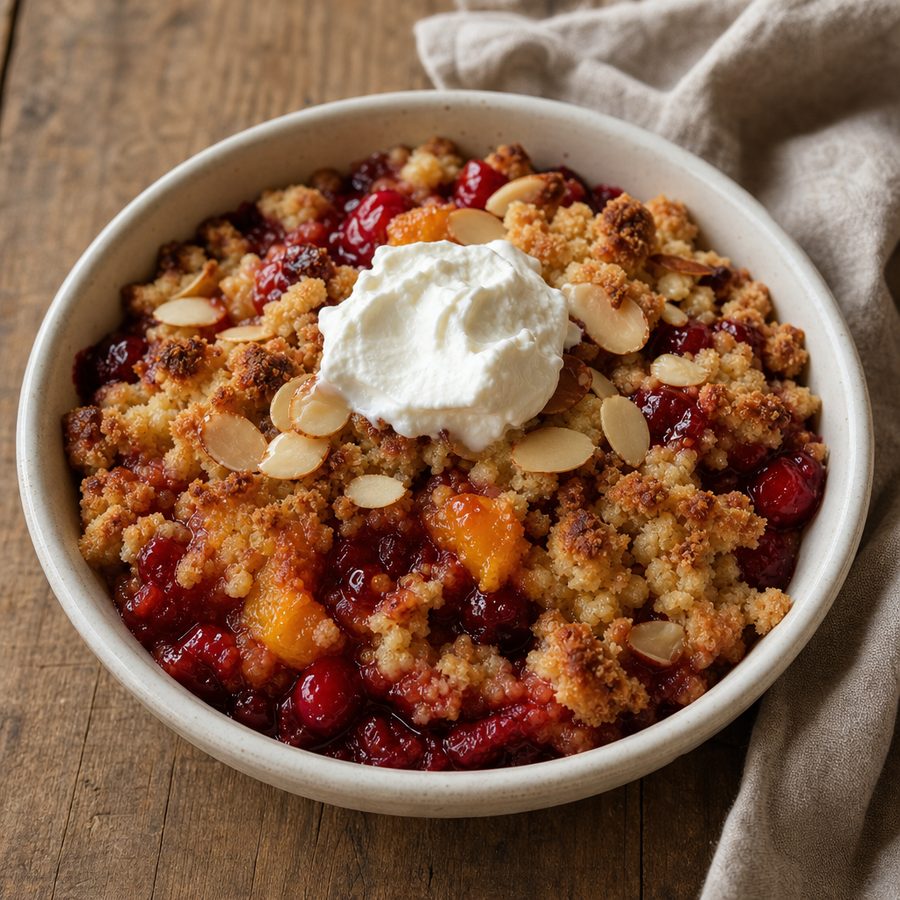 Warm cranberry orange crumble with a spoonful of whipped cream