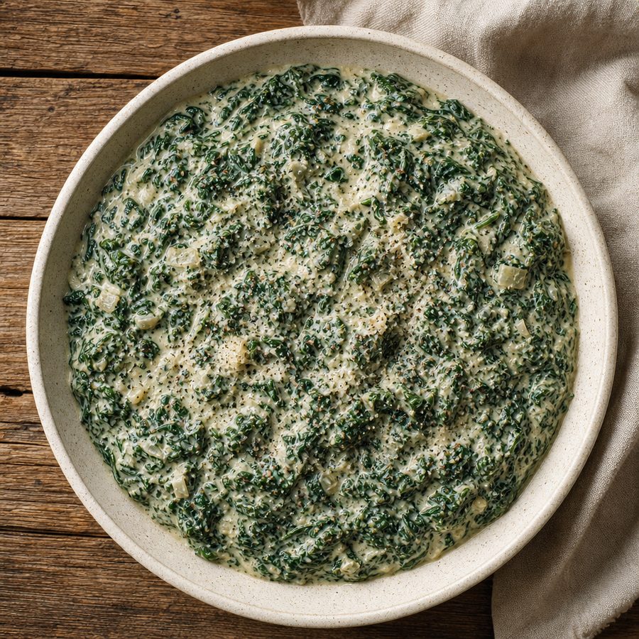 Creamed spinach with parmesan in a shallow bowl
