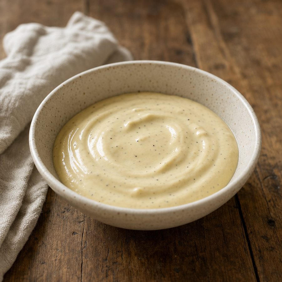 Thick creamy mustard dressing in a small bowl