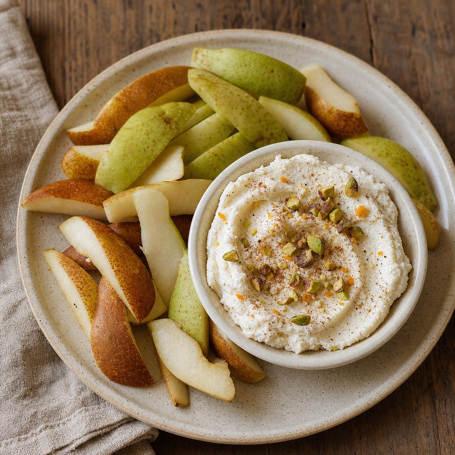 Whipped ricotta cinnamon dip with pistachios and sliced pears
