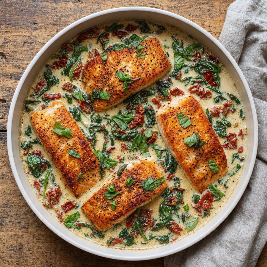 Creamy Tuscan salmon with spinach and sun-dried tomatoes in a skillet