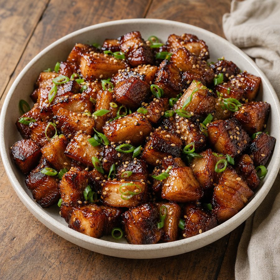 Crispy glazed pork belly bites with scallions and sesame seeds