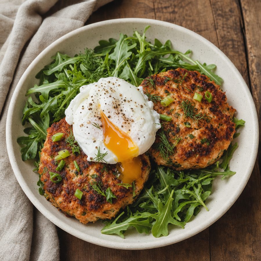 Two crispy salmon cakes on arugula topped with a poached egg