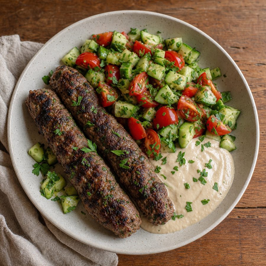 Grilled lamb kofta with tahini sauce and cucumber tomato salad