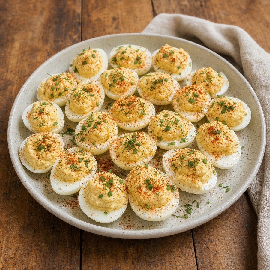 Deviled eggs dusted with paprika, chives and dill