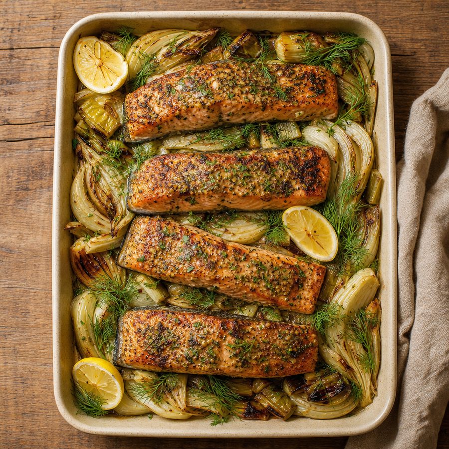 Dijon herb glazed salmon with roasted fennel and leeks on a sheet pan