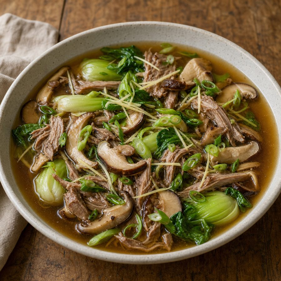 Clear duck consommé with shredded duck, shiitake and bok choy