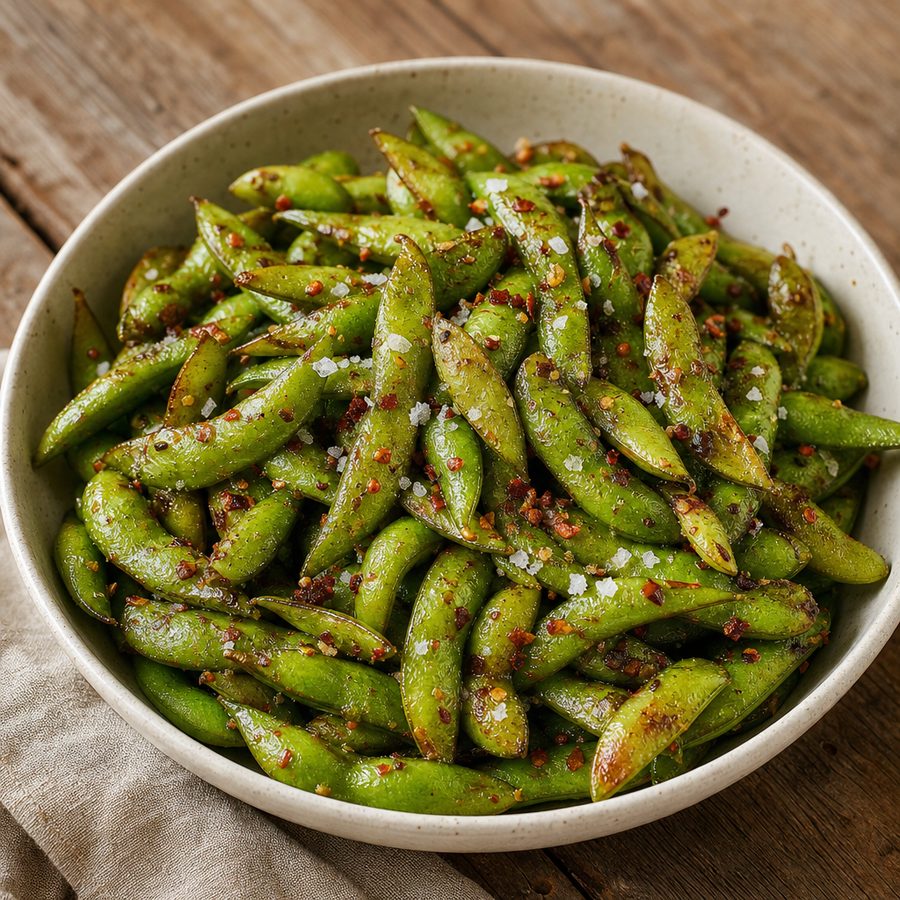Edamame pods with flaky sea salt and chili flakes