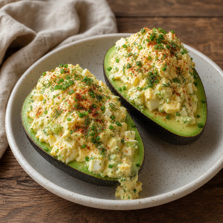 Avocado halves filled with egg salad and dusted with paprika