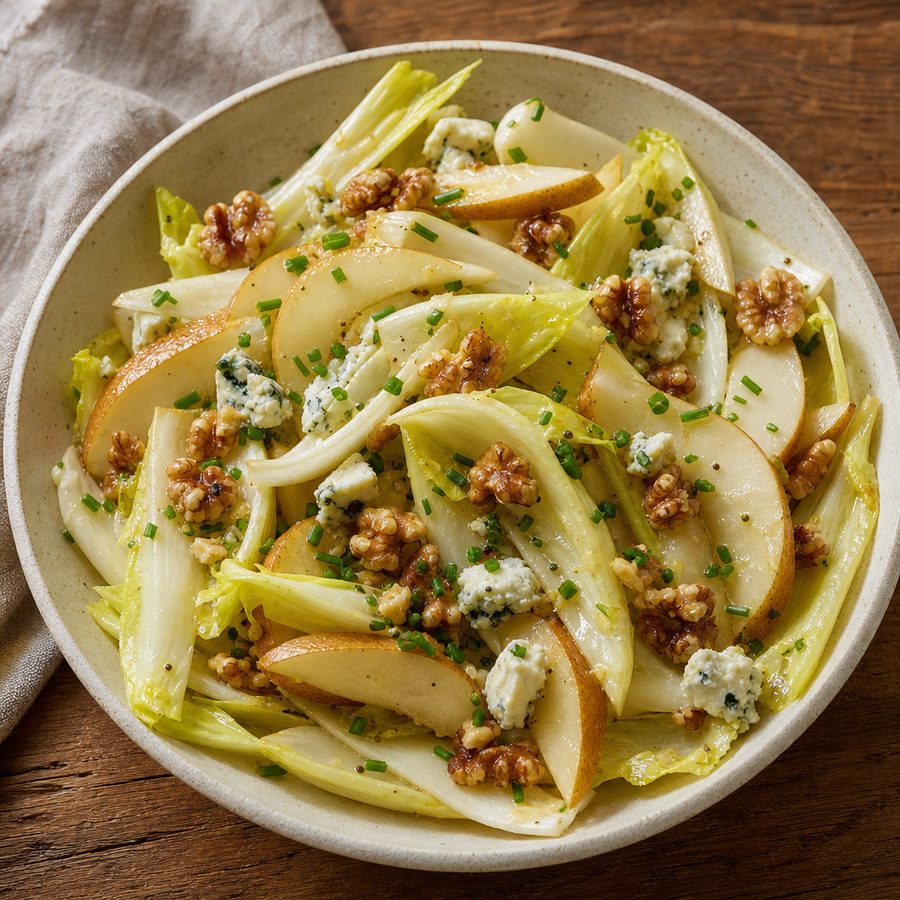 Endive salad with sliced pear, blue cheese and walnuts