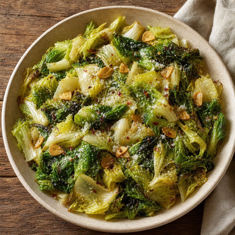 Escarole salad with warm garlic olive oil and parmesan