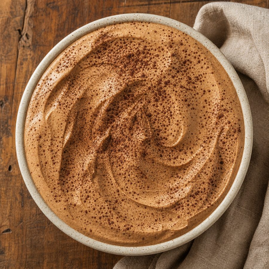Espresso mousse dusted with cocoa in a small cup