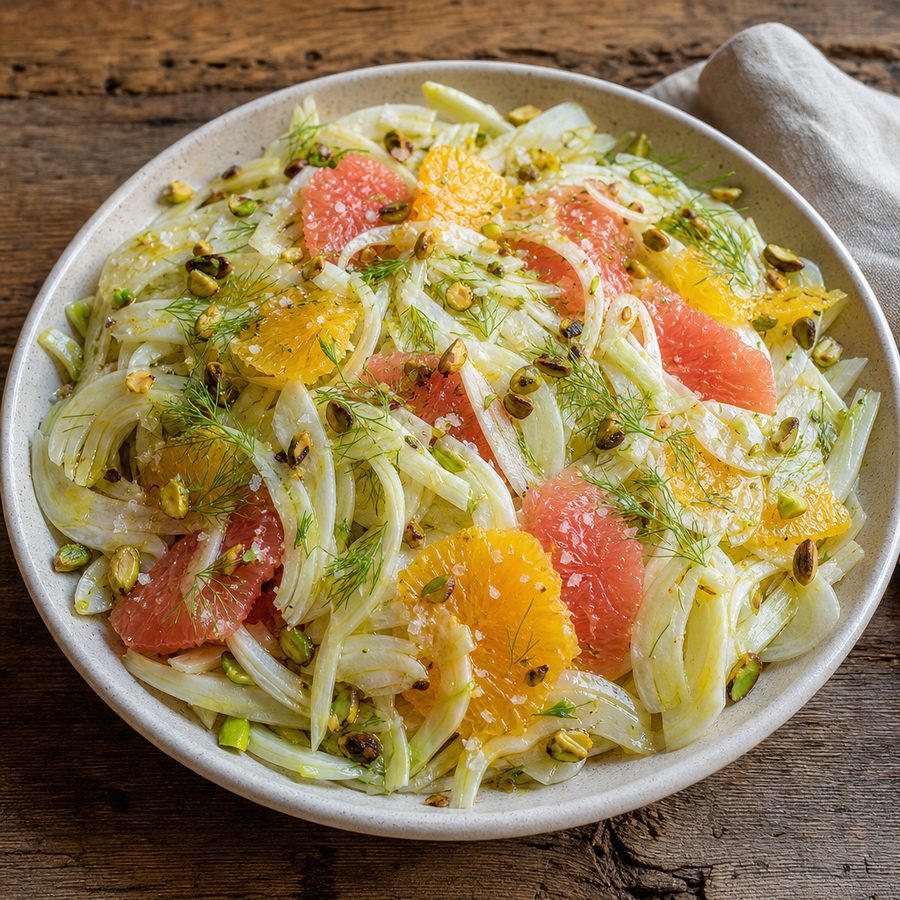 Shaved fennel salad with orange and grapefruit rounds and pistachios