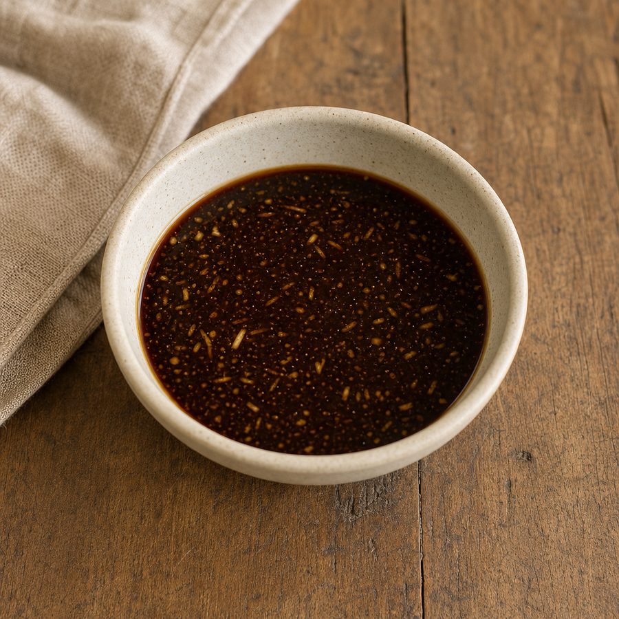 Small bowl of glossy dark five-spice tamari glaze