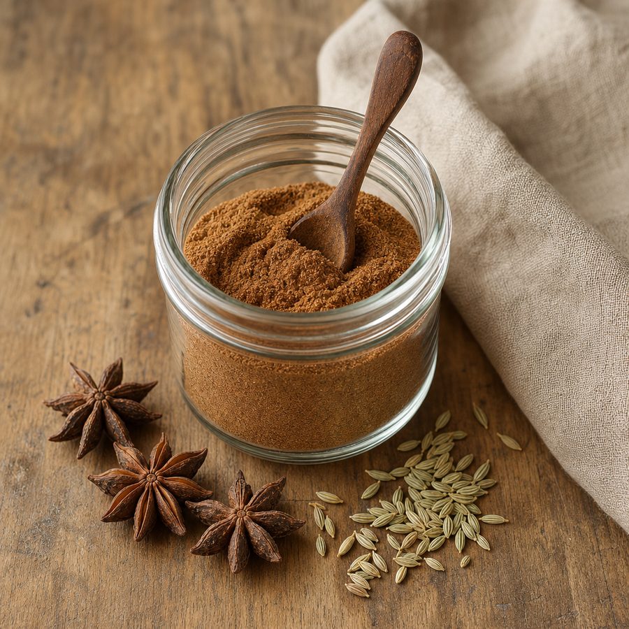 Small jar of five-spice powder with whole star anise