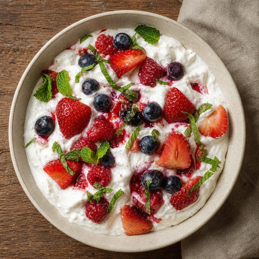 Fresh berries over whipped yogurt cream with mint