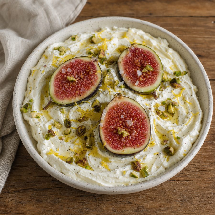 Fresh fig halves on whipped mascarpone with pistachios