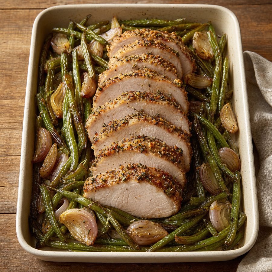 Sliced garlic-crusted pork tenderloin over blistered green beans