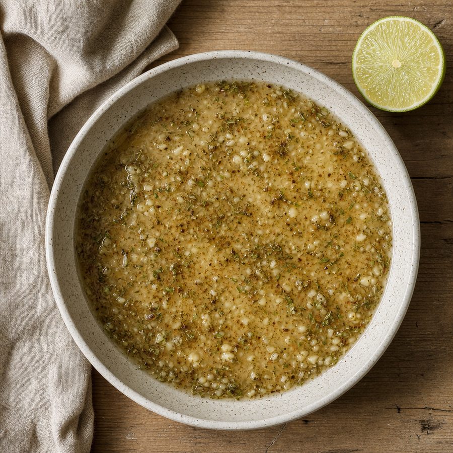 Small bowl of garlic-lime marinade with a halved lime