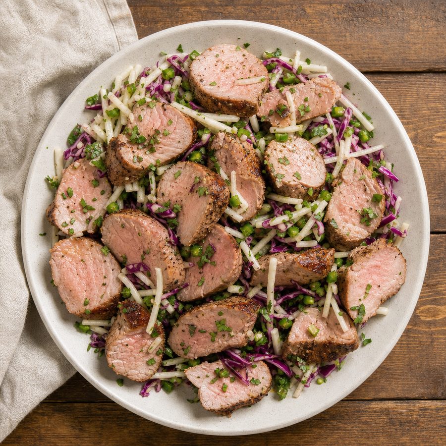 Sliced pork tenderloin over jicama and red cabbage slaw
