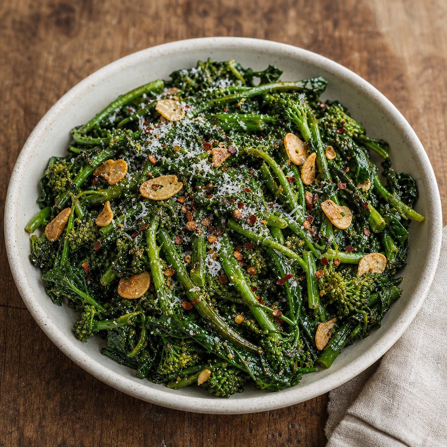 Sautéed broccoli rabe with garlic chips and pecorino
