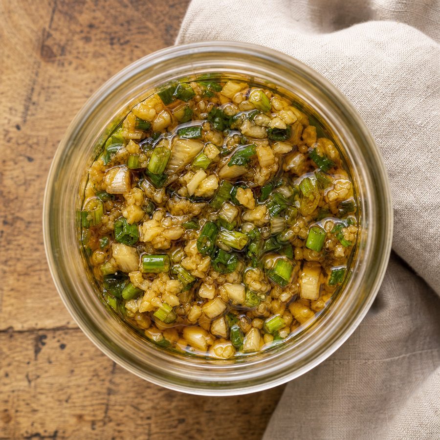 Ginger-scallion oil in a small glass jar