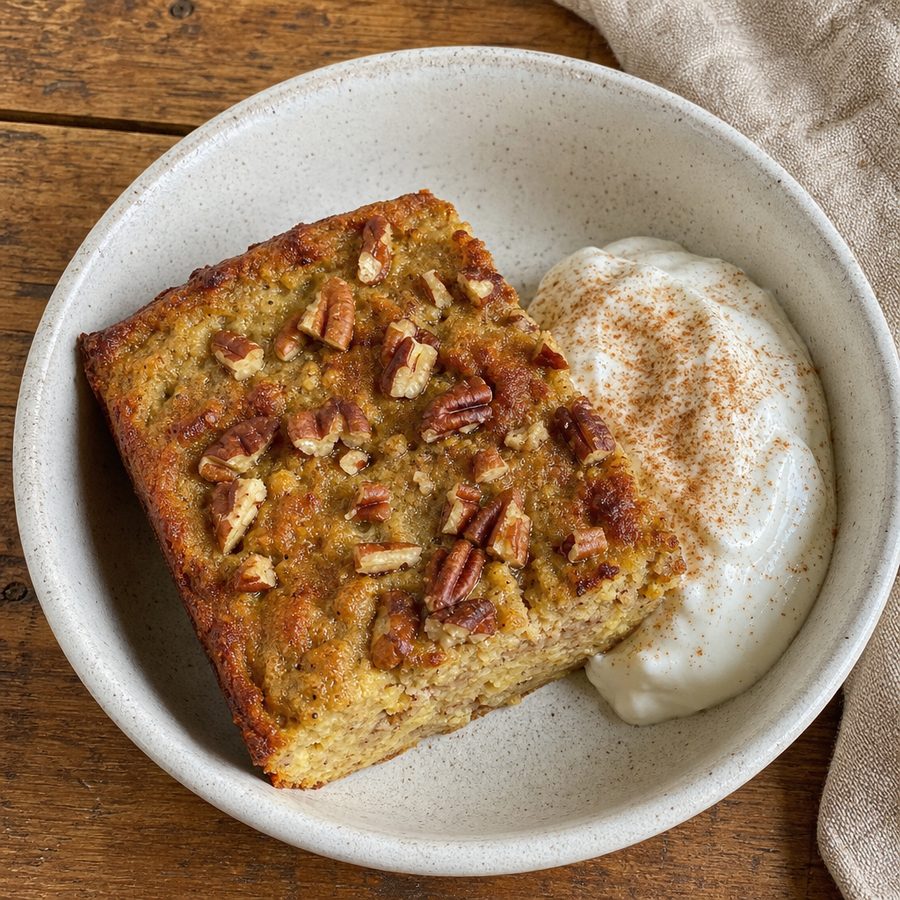 Square of gingerbread spiced egg bake with pecans and Greek yogurt