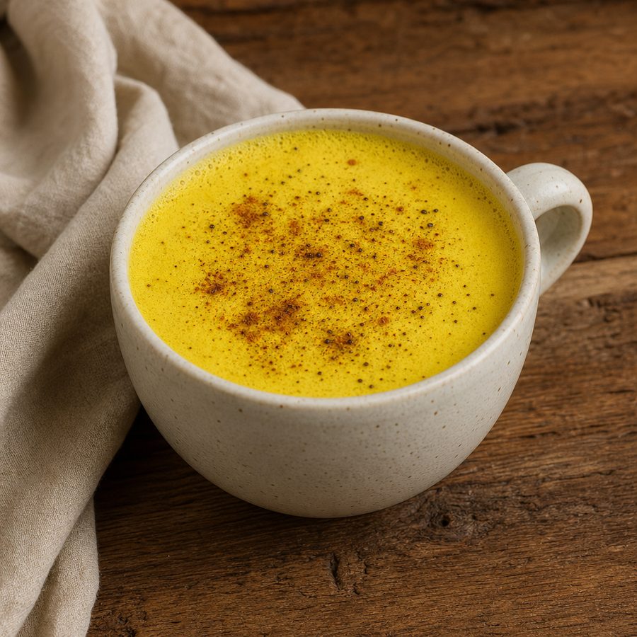 Mug of foamy golden milk dusted with cinnamon