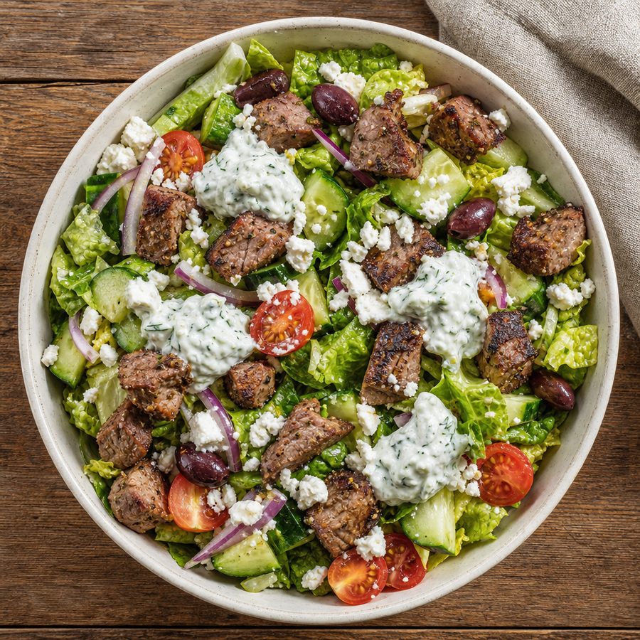 Greek lamb bowl with salad, feta and tzatziki