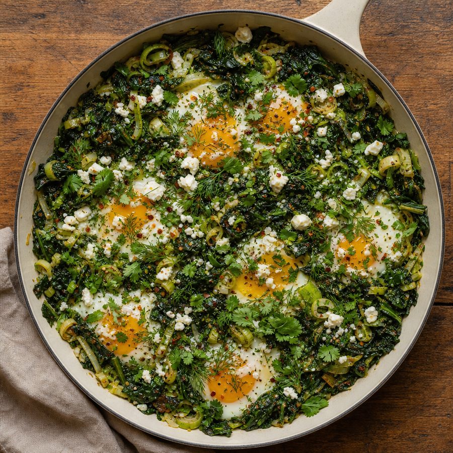 Green shakshuka with eggs, greens and crumbled feta in a skillet
