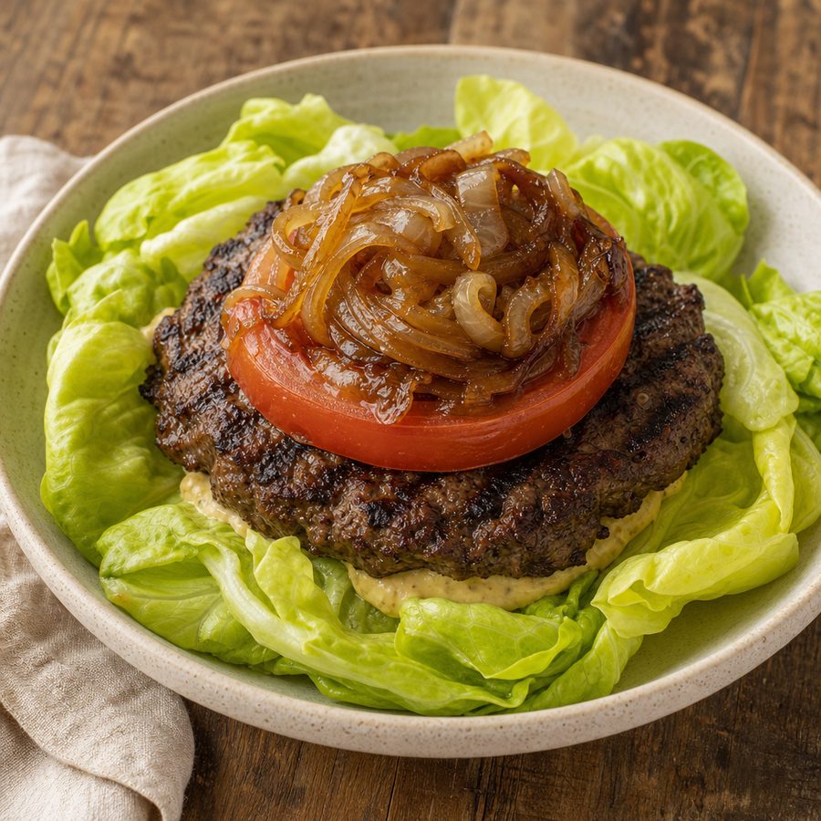 Bison burger in butter lettuce with tomato and caramelized onions
