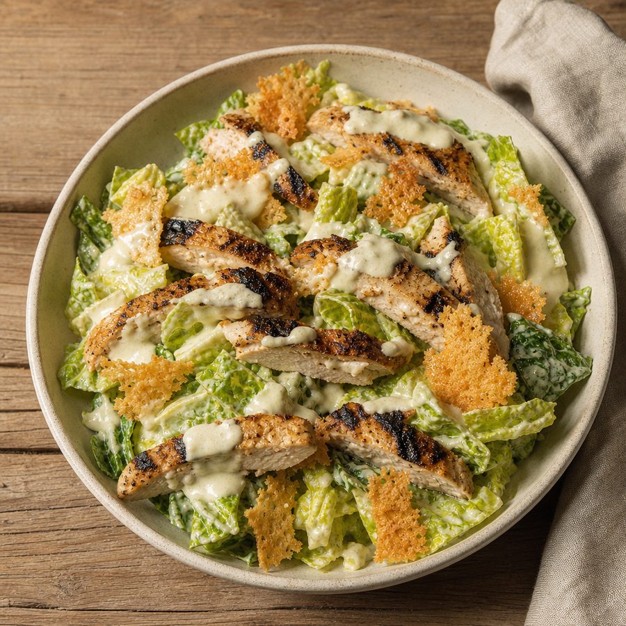 Grilled chicken Caesar salad with parmesan crisps