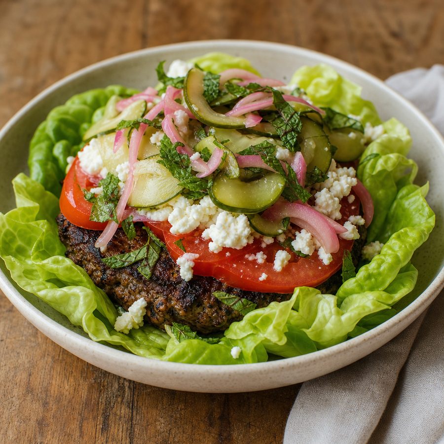 Lamb burger on butter lettuce with feta, tomato and pickled cucumber