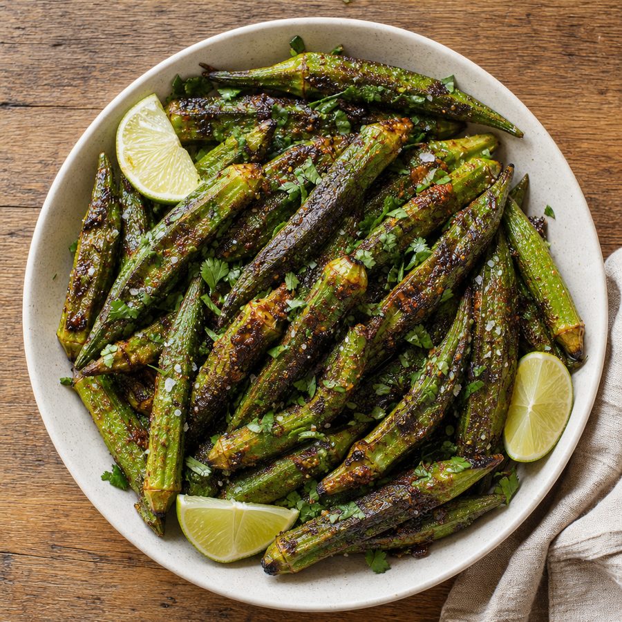 Grilled whole okra pods with paprika, cilantro and lime wedges